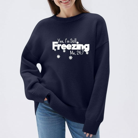 Qulqfy Cozy Sweaters for Women Tunic Blue Pullover Oversized Sweater Knit Graphic Crew Neck Dressy Casual Long Sleeve Shirts Tops for Women