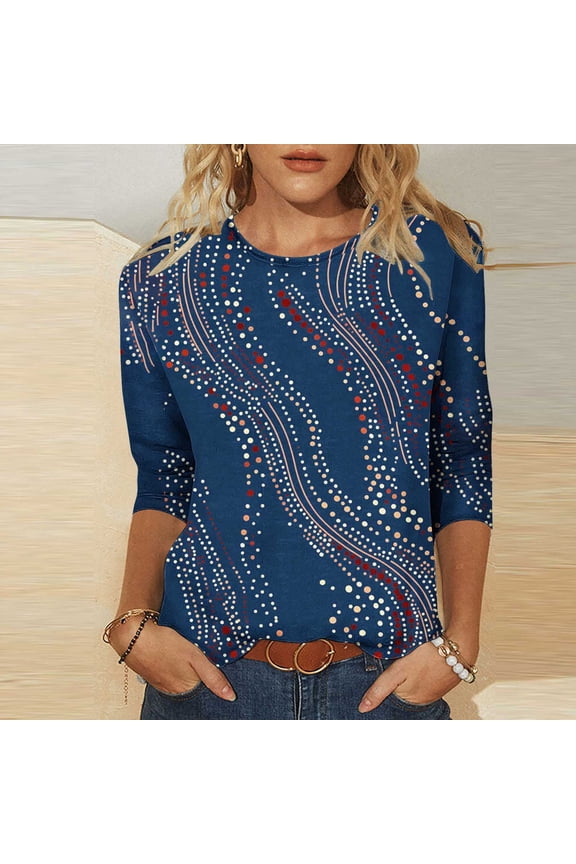 Crew Neck Ladies Tops and Blouses Loose Fit Casual Glitter 3/4 Length Sleeve Cute Pleat Flowy Work Fall Womens Spring Tops S