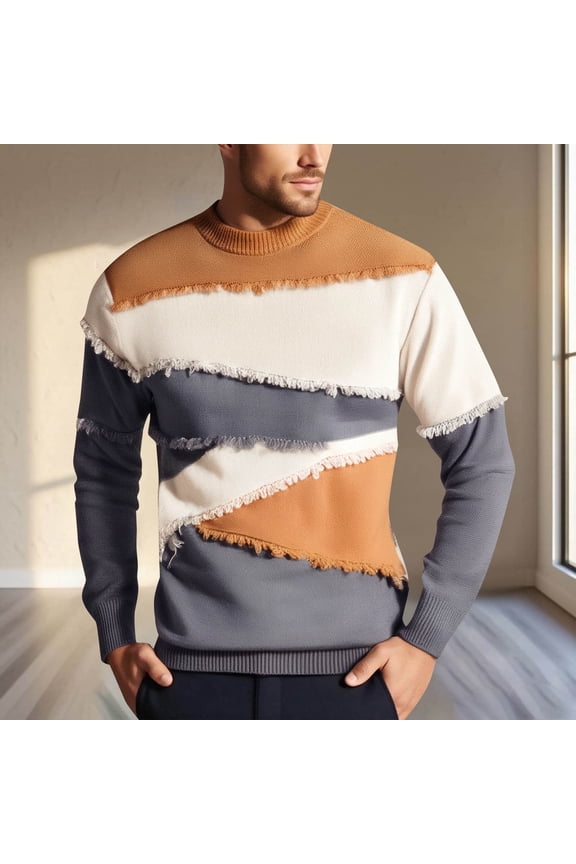 Crew Neck Men's Sweaters Yellow Pullover Distressed Long Sleeve Casual Color Block Winter Fall Knit Sweaters Mens Golf Shirt XXL