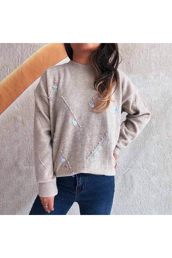 Crew Neck Sweaters Women Trendy Pullover Gray Sequin Long Sleeve Knitted Tops Womens Fall Sweaters L