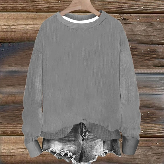 Qulqfy Crew Neck Sweatshirts Women Ribbed Long Sleeve Pullover Sweatshirts Fall Plain Women's Gray Tops XL