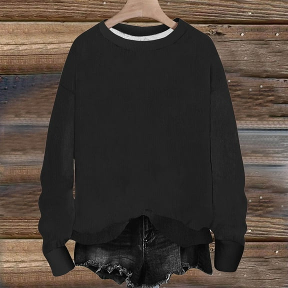 Qulqfy Crew Neck Sweatshirts for Women Pullover Black Long Sleeve Ribbed Sweatshirts Plain Women's Fall Tops S