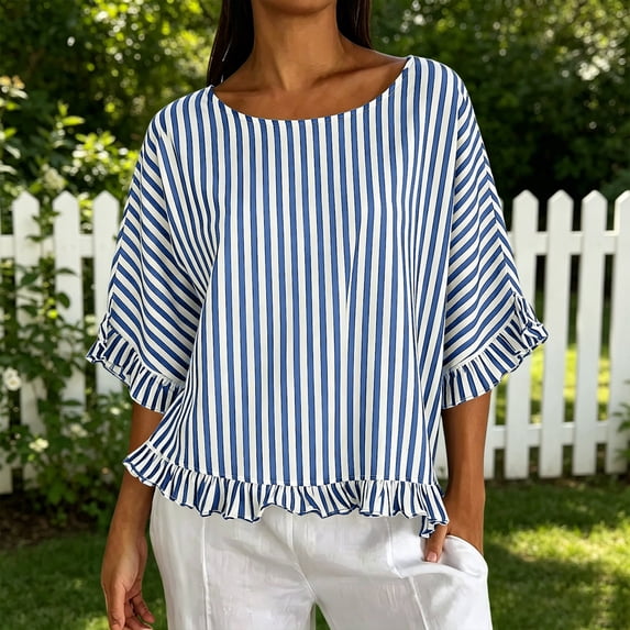 Qulqfy Crew Neck Women's Blouses Casual Striped Short Sleeve Loose Ruffle Boho Spring Summer Trendy Ladies Tops and Blouses L
