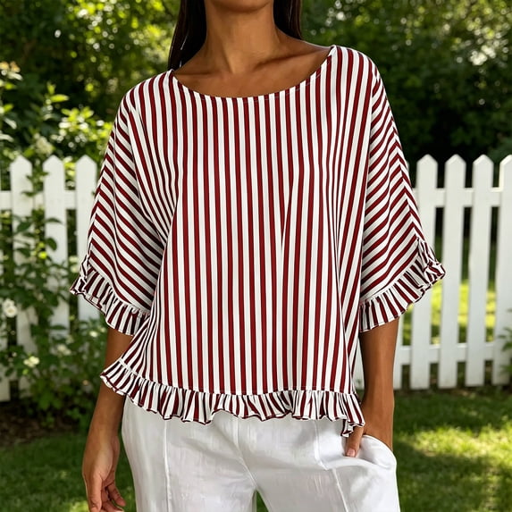 Qulqfy Crew Neck Women's Blouses Short Sleeve Striped Loose Casual Ruffle Spring Summer Boho Trendy Ladies Tops and Blouses Red M