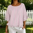 thumbnail image 1 of Qulqfy Crew Neck Womens Blouse Short Sleeve Striped Loose Casual Ruffle Boho Spring Summer Trendy Ladies Tops and Blouses Pink L, 1 of 8
