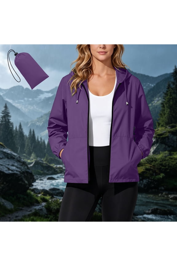 Cropped Hooded Raincoat Waterproof Lightweight Purple Windbreaker Active Insulated with Pockets for Outdoor XL