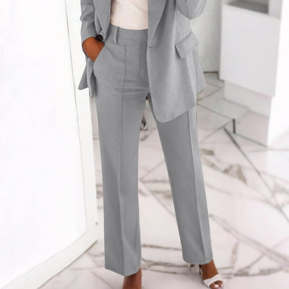 Qulqfy Dress Pants Women High Waist Office Trousers Straight Leg Business Casual Gray Nylon Pants M