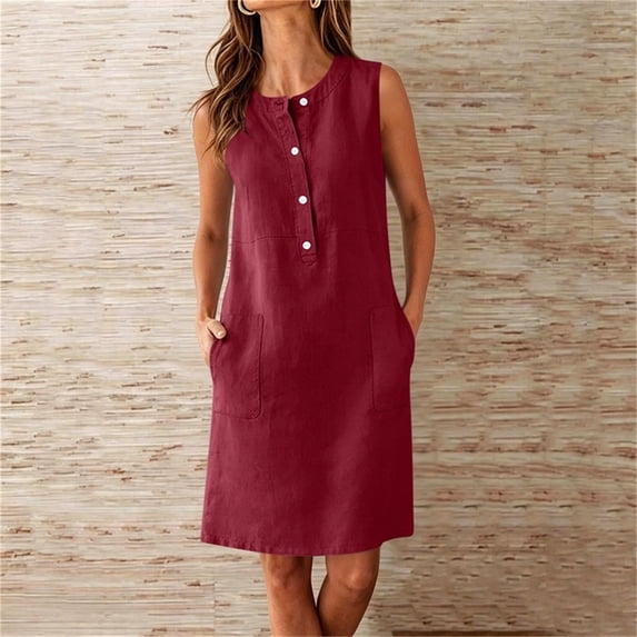 Qulqfy Dresses for Women Cotton Linen Crew Neck Midi Tank Dress Dressy Wine Casual Button Down Plain Sundress with Pockets M