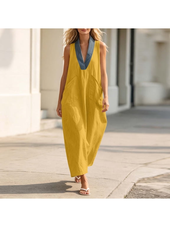 Casual Dresses for Women Cotton Linen Yellow Boho Maxi Sleeveless V-Neck Strapped Swing Flowy Loose Plain Beach Long Dresses with Pockets S