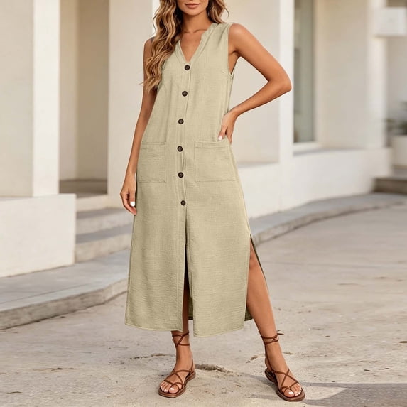 Qulqfy Dresses for Women Cotton Linen Maxi Tank Dress Side Slit V-Neck Beige Flowy Casual Button Down Pleat Vacation Sundress L