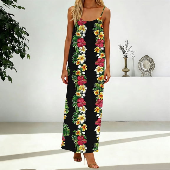 Qulqfy Dresses for Women Plus Size Casual Boho Floral Maxi Sleeveless Scoop Neck Black Corset Flowy Smocked Beach Sundresses L