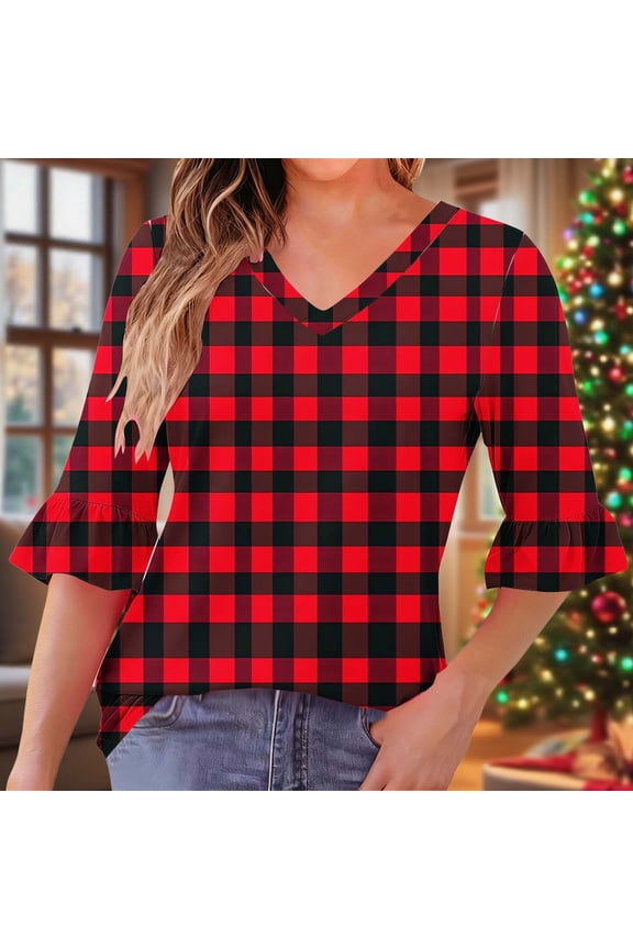 Dressy Casual Tops for Women 3/4 Length Sleeve Gingham Spring Shirts Plaid Fall V Neck Ruffle Trim Tops Blouses for Women M