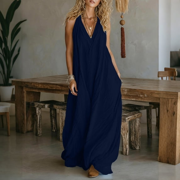 Qulqfy Dressy Summer Dresses for Women 2026 Cotton Sleeveless Maxi Solid Halter Beach Spring Wedding Guest Flowy with Pockets Sundress S