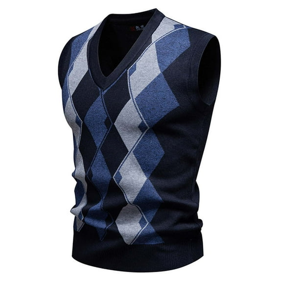 Qulqfy Dressy Sweater Vest Men Argyle Blue Knit Slim Fit Business Casual Sleeveless Fall V Neck Winter Sweater Golf Shirts for Men L