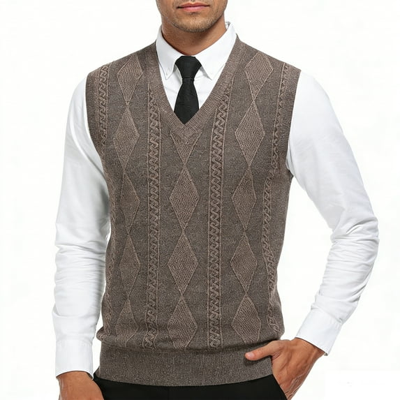 Qulqfy Dressy Sweater Vest Men Argyle Knit Bronze Varsity Sleeveless Fall V Neck Textured Winter Sweater Men's Shirts L