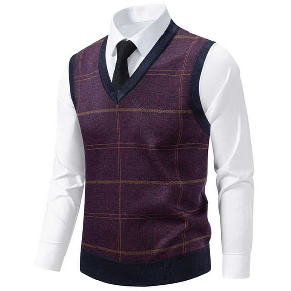 Qulqfy Dressy Sweater Vest Men Knit Red Striped Varsity Business Casual Winter Sleeveless Fall V Neck Sweater Men Shirts XL