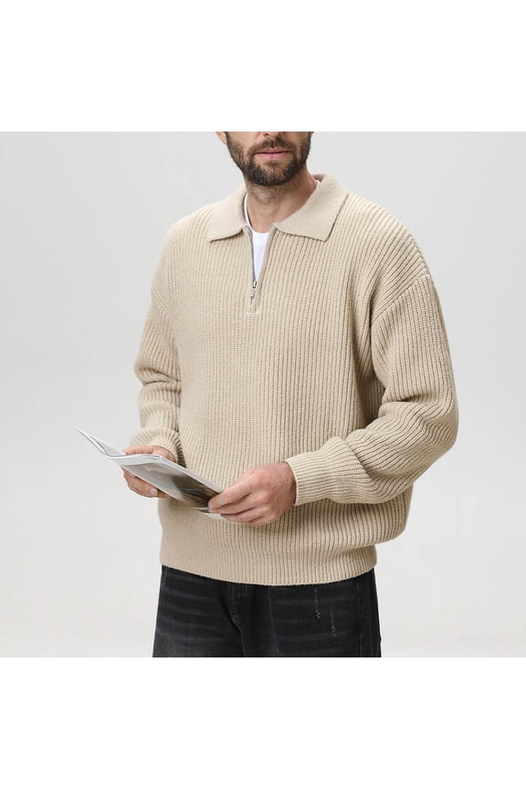 Dressy Sweaters for Men Business Casual Quarter Zip Beige Knit Winter Pure Long Sleeve Fall Collared Sweater Shirts for Men L