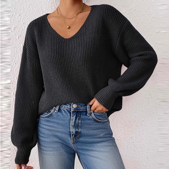 Qulqfy Dressy Woman Sweater Black Pullover V Neck Basic Lantern Sleeve Knitted Shirts Womens Fall Sweater XL