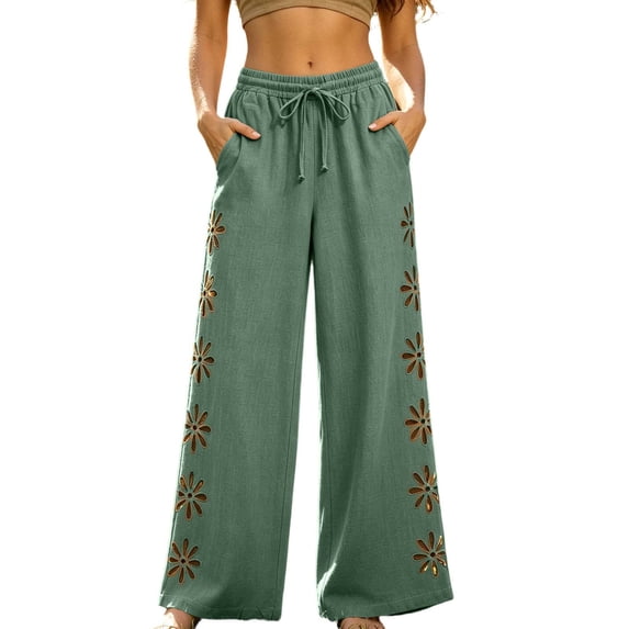 Qulqfy Linen Pants for Women Wide Leg Baggy Plus Size High Rise Casual Embroidered Army Green Palazzo Pants 2XL