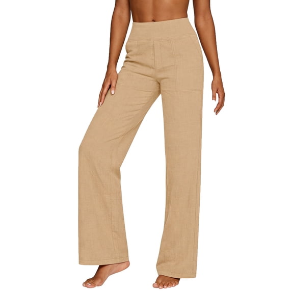 Qulqfy Linen Pants for Women Wide Leg Baggy Casual Petite High Waisted Flowy Khaki Palazzo Pants 2XL