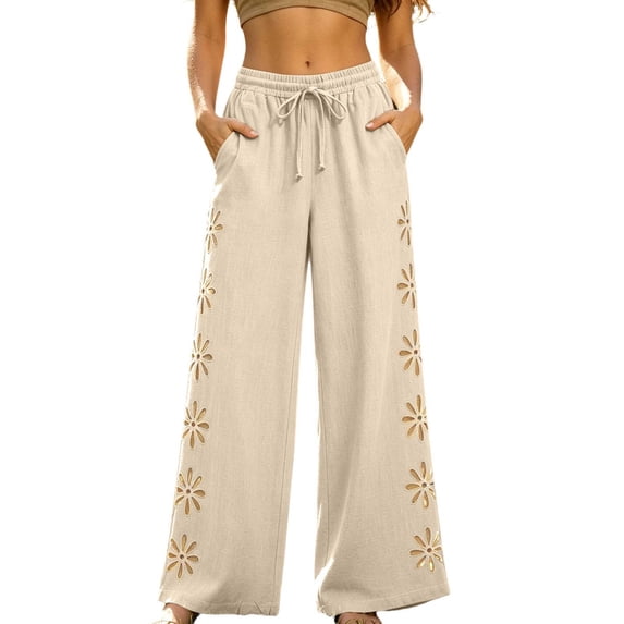 Qulqfy Linen Wide Leg Pants Women 2026 Baggy Cotton High Waisted Plus Size Embroidered Casual Drawstring Beige Trousers Pants with Pockets L