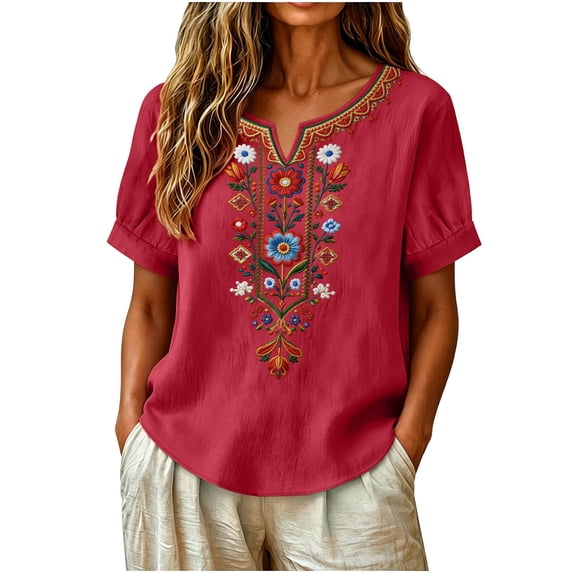 Qulqfy Embroidered Boho Tops for Women Floral Casual Short Sleeve Fall Red Henley V-Neck Comfy Cute Tunic Outfits 2XL
