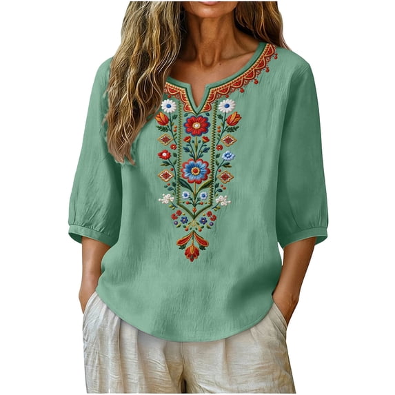 Qulqfy Embroidered Womens Tops 3/4 Sleeve Fall Casual Floral Mint Green Tunic Henley V-Neck Cute Comfy Shirts L