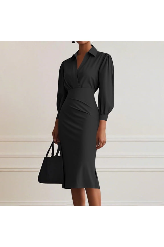 Fall Dresses for Women 2025 Wedding Guest Long Sleeve Midi Black Bodycon Formal Tunic V Neck Dresses Dresses for Women L