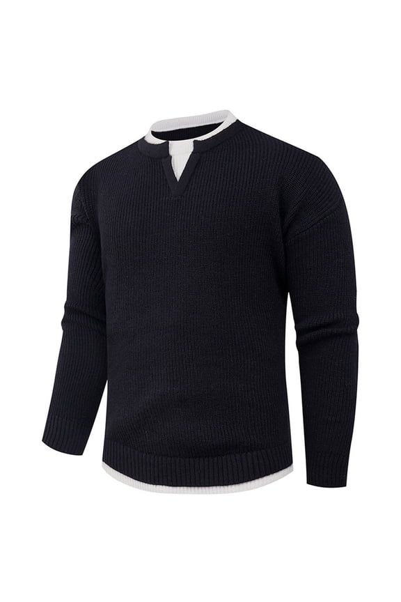 Fall Sweater Men Double Layer Black Ribbed Knit Pullover V Neck Winter Long Sleeve Sweaters Golf Shirts for Men L
