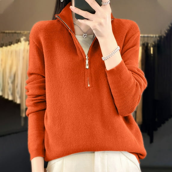 Qulqfy Fall Sweaters for Women Half Zip Pullover Knitted Fashion Orange Sweaters Women's Fall Tops 2XL
