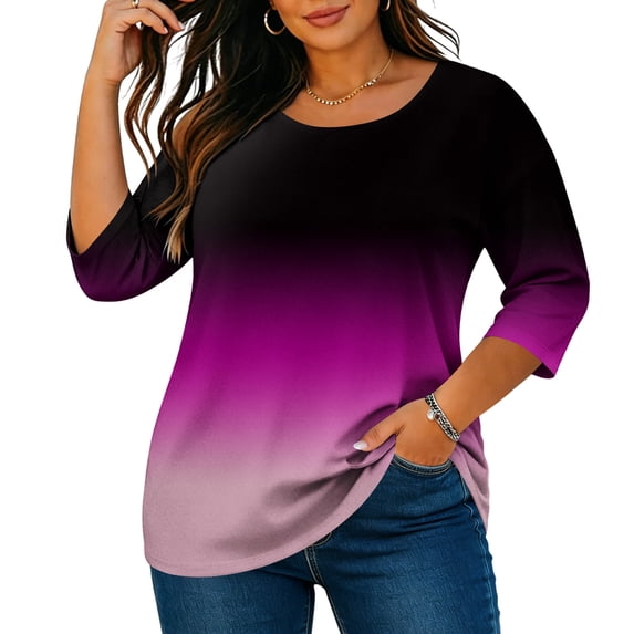 Qulqfy Fall Womens Graphic Tees Scoop Neck Plus Size Tie Dye 3/4 Length Sleeve Boho Dressy Comfy Casual Spring Knit Womens Tops Summer 3XL