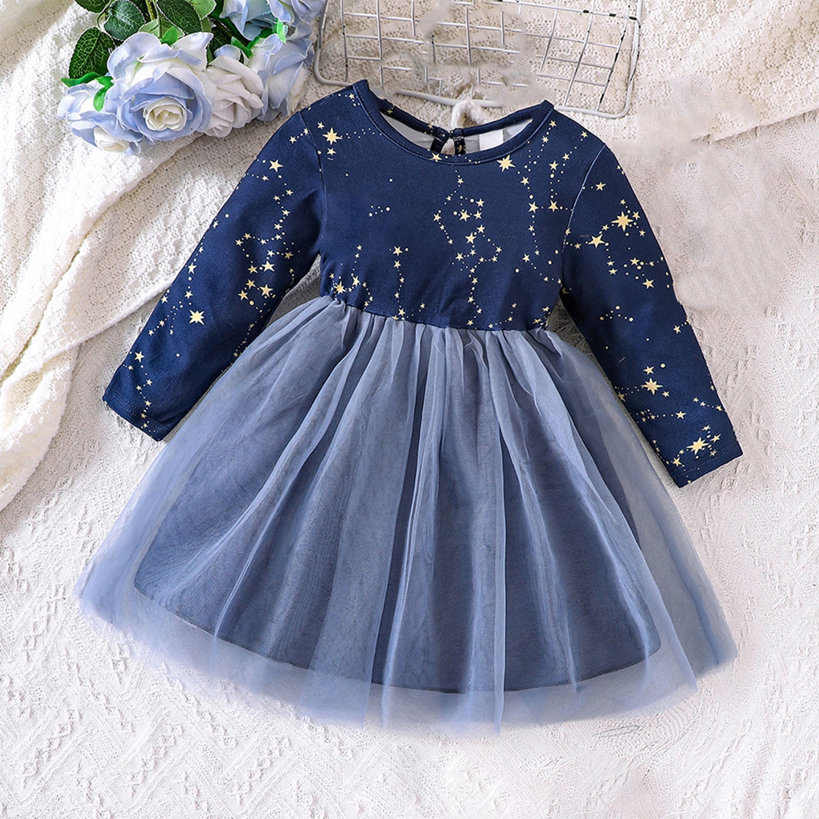 Qulqfy Fancy Toddler Dresses Long Sleeve Tulle Cotton Dresses Summer
