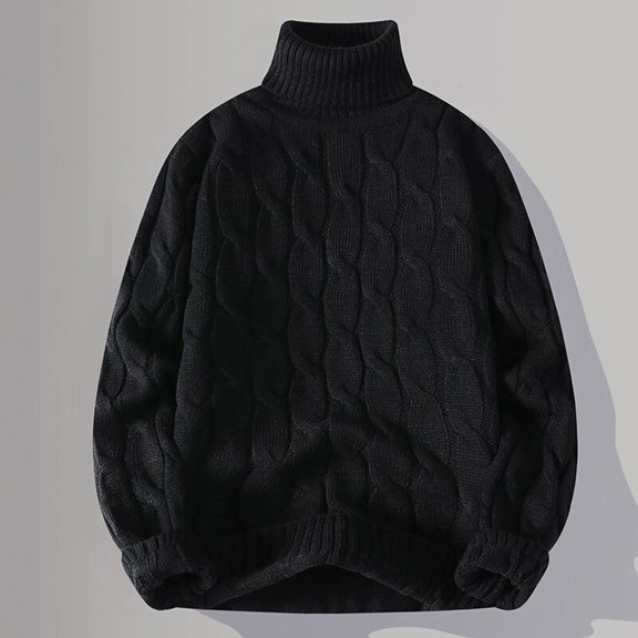 Qulqfy Fashion Men's Sweaters Black Cable Knit Casual Thick Long Sleeve Textured Turtleneck Winter Fall Sweater Mens Undershirts L