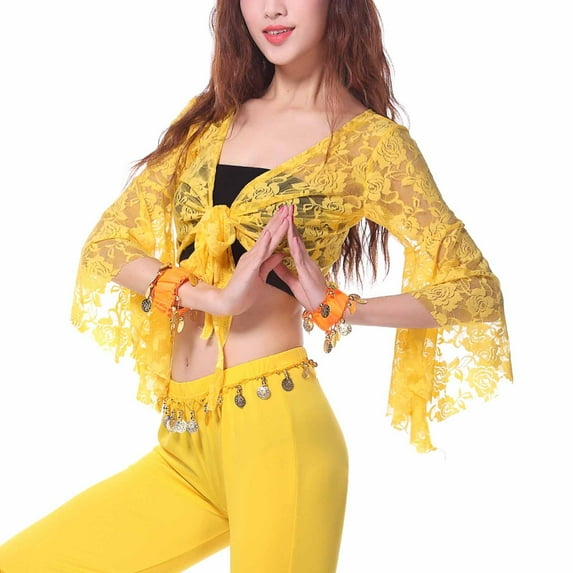 Qulqfy Flare Sleeve Bolero Shrug Women Tie Front Sheer Lace Latin Dance Yellow Cardigans Women Flowy Tops