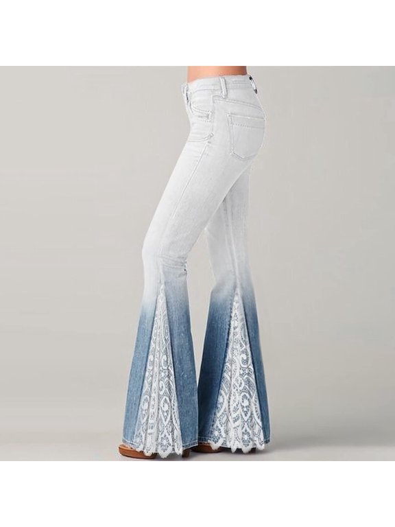 Flare Women Jeans Summer Bell Bottom Lace Blue Trendy Ruffle High Waisted Gradient Jeans Trousers for Women L
