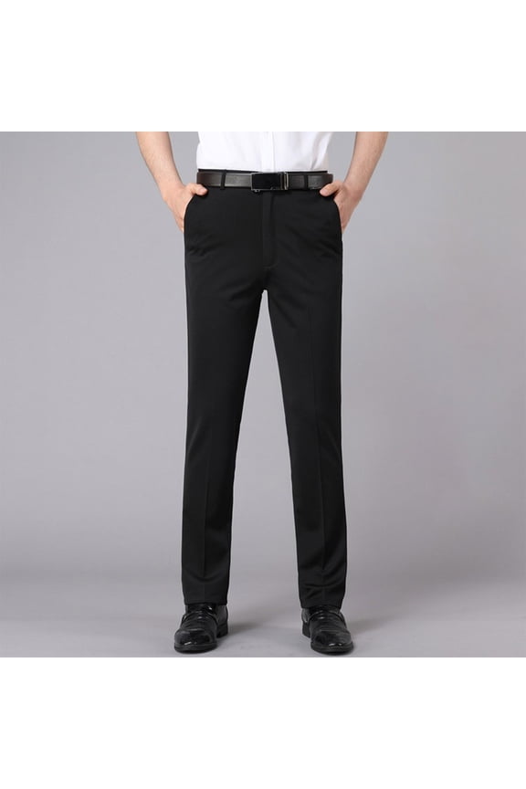 Flat Front Pants for Men Big and Tall Dress Stretch Black Suit Pants Straight Leg Elastic Waist Trousers Pleated Pants for Men 29