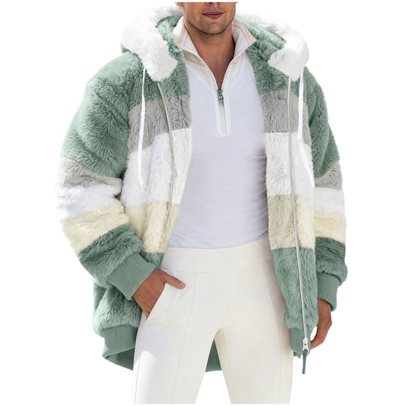Qulqfy Fleece Jackets for Men Green Hooded Winter Casual Warm Striped Zip Up Jacket Coats for Men S