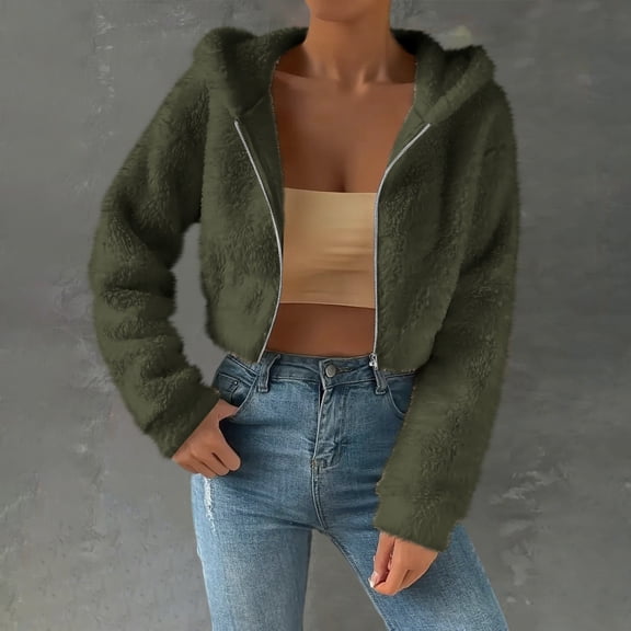 Qulqfy Fleece Jackets for Women Cropped Hooded Fall Full Zip Up Coat Winter Warm Women Coat