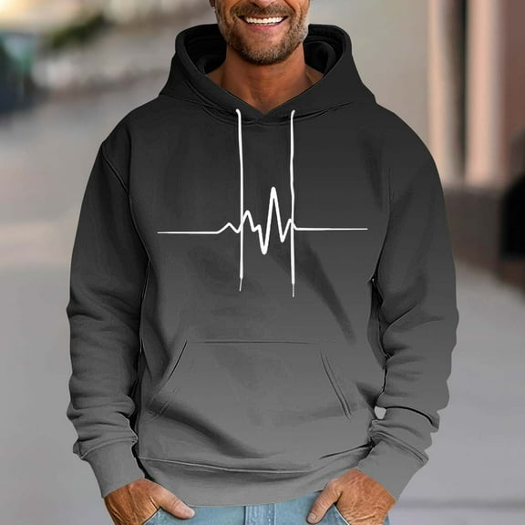 Qulqfy Fleece-Lined Men's Hoodies Graphic Pullover Gray Long Sleeve Fall Casual Sweatshirts with Kanga Pocket Mens Sweatshirt XXL