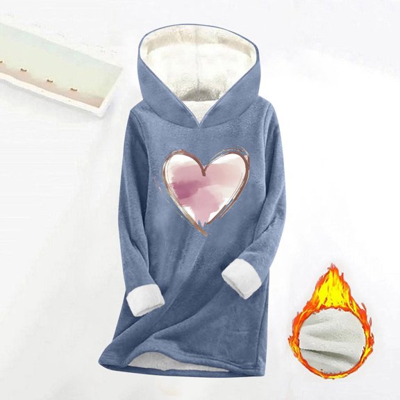 Qulqfy Fleece Lined Shirts Women Plus Size Blue Long Sleeve Pullover Tops Hooded Hearts Winter Shirts Womens Tops