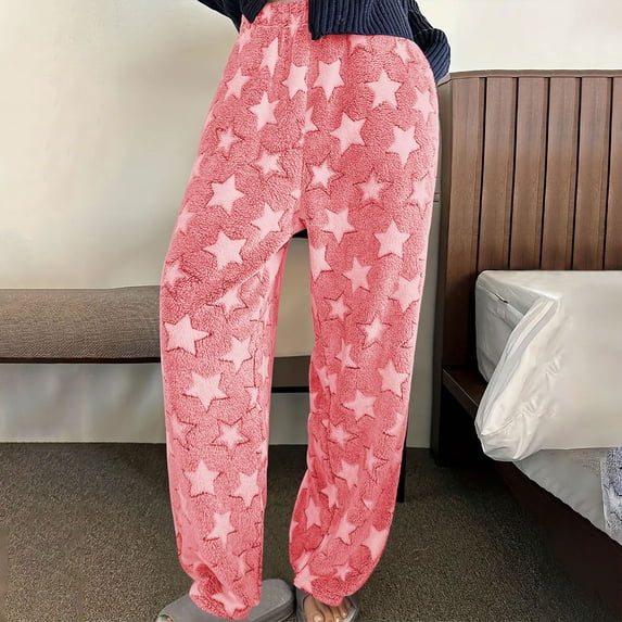 Qulqfy Fleece Womens Pants Trendy Red Baggy High Waisted Barrel Leg Casual Lounge Star Print Pants Fall Outfits for Women XL