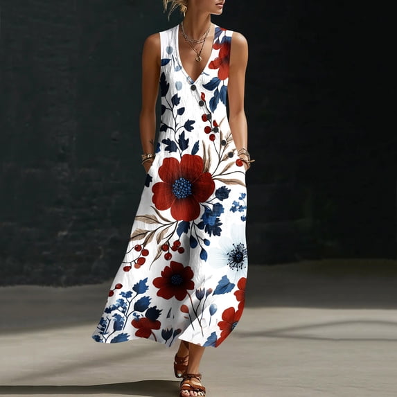 Qulqfy Floral Dresses for Women Wedding Guest Sleeveless Dressy Maxi Deep V-Neck Spring with Pockets Beach Boho Flowy Sundress L