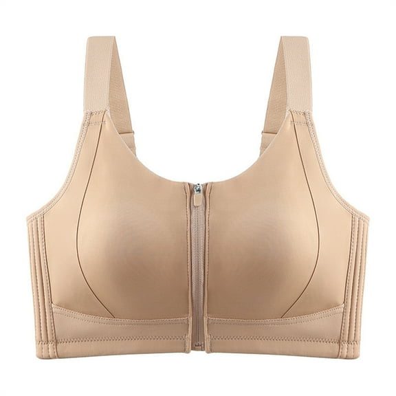 Qulqfy Full Coverage Women Bra Push Up Zipper Beige Front Closure Lifting Wirefree Bras T Shirt Bra 3XL