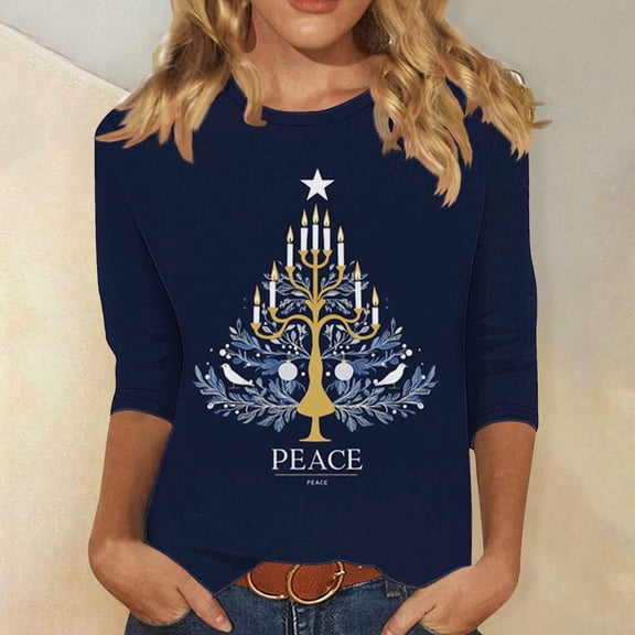 Qulqfy Funny Hanukkah Shirts for Women Plus Size 3/4 Sleeve Tops Crew Neck Holiday Menorah Chanukah Novelty Tops Womens Blouses XL