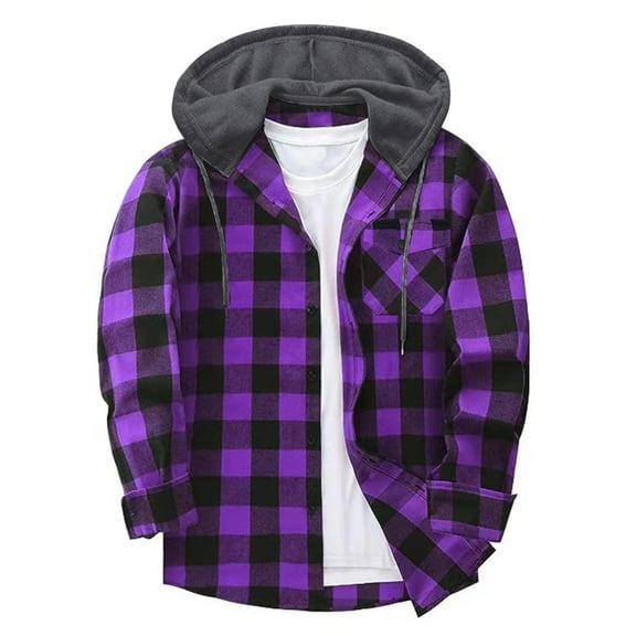 Qulqfy Gingham Men's Lightweight Jackets Hooded Plaid Varsity Purple Long Sleeve Casual Shirt Jackets Men Shirts L