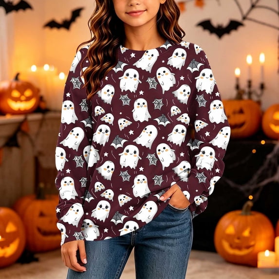 Qulqfy Girls Halloween Ghost Sweatshirt Casual Long Sleeve Cute Crewneck Graphic Tops for Kids Wine Size 8
