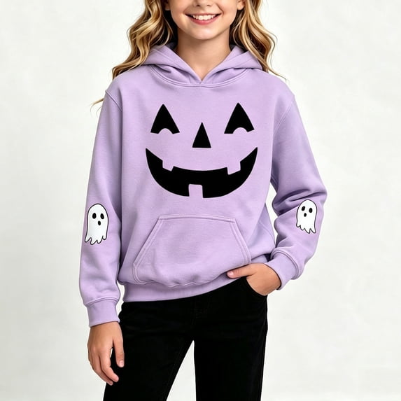 Qulqfy Girls Halloween Ghost Sweatshirt Long Sleeve Casual Cute Pullover Graphic Tops for Kids Purple Size 13
