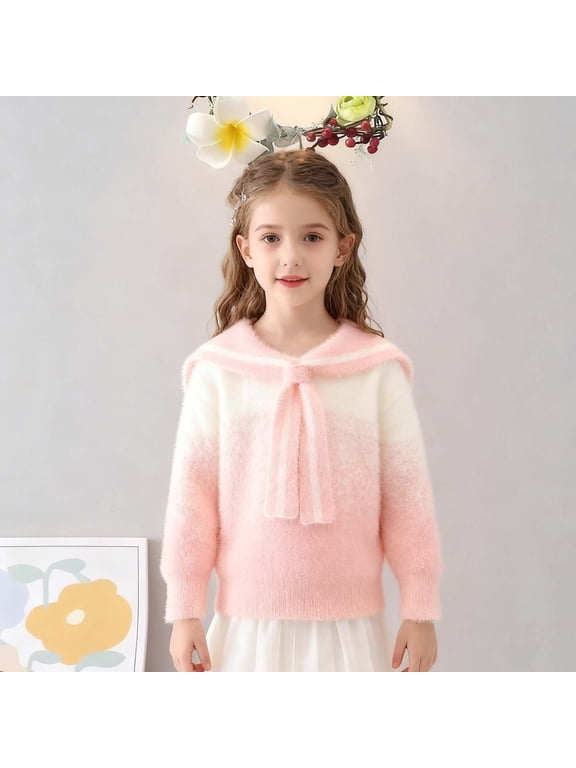 Girls Sweaters Knit Long Sleeve Crewneck Gradient Shawl Cotton Soft Beige Pullover Toddler Fall Outfits Size 3T