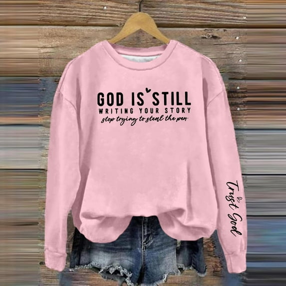 Qulqfy God is Still Writing Your Story Shirts Women Pink Long Sleeve No Hood Pullover Shirts Women's Graphic Blouses XL