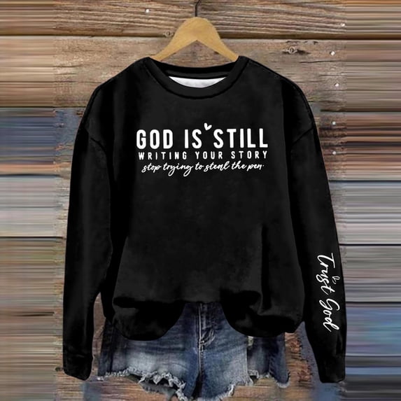 Qulqfy God is Still Writing Your Story Shirts for Women Long Sleeve Pullover No Hood Black Shirts Womens Graphic Blouses XL